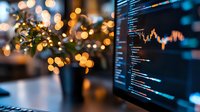 Financial data and stock market chart on computer screen with blurred bokeh lights and plant decoration creating cozy trading atmosphere.