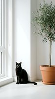 Black cat sitting by a bright window next to a potted olive tree in a minimalist white interior, calm home atmosphere.
