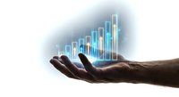 Business growth concept with male hand presenting holographic financial bar chart showing upward trend and data visualization for success analytics.