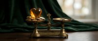 Vintage brass balance scale with golden heart on one side against green velvet drape, symbolizing love versus material wealth in warm natural light.