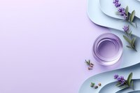 Lavender skincare cream jar with fresh herb sprigs on soft purple background, flat lay beauty product composition with copy space.