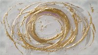 Abstract golden spiral swirl on white textured background with raised acrylic paint texture and metallic gold leaf effect creates luxurious artistic composition.