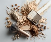 Crushed nude color face powder with makeup brush and scattered powder particles on light background, cosmetic product flatlay composition.
