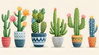 Watercolor collection of potted cacti and succulents in decorative ceramic pots arranged in row. Botanical art features saguaro and flowering desert plants.