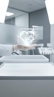 Doctor in white coat holding glowing heart with medical cross icon above tablet in modern clinic office, representing healthcare technology and digital medicine services.
