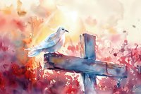 White dove perched on wooden cross against vibrant watercolor background of pink, orange and purple hues, spiritual artistic composition with soft brushstrokes.