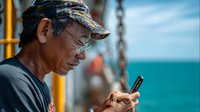 Senior Asian fisherman using smartphone on fishing boat deck with ocean background for maritime technology and communication concepts.