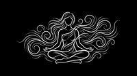 Elegant line art of woman in lotus meditation pose with flowing hair swirls on black background for wellness and mindfulness designs.