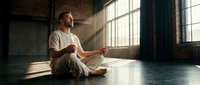 Man in casual beige clothing sitting cross-legged on polished floor in industrial loft space with large windows, holding tablet, contemplative pose, natural sunlight streaming through glass.