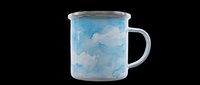 Enamel camping mug with blue sky and white cloud pattern, isolated on transparent background. Ready for print-on-demand, sublimation, t-shirt design, stickers, and merchandise mockups.
