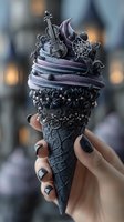Gothic ice cream cone with violin and spider web decorations held by hand with black nail polish for Halloween dessert and spooky treat concepts.