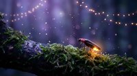 Magical firefly glowing on moss-covered branch with fairy lights creating enchanted forest atmosphere for fantasy storytelling and nature designs.