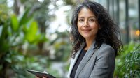 Middle-aged Hispanic businesswoman with curly hair smiling confidently while holding tablet in green office atrium environment.