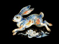 Ornate leaping rabbit with floral and wave motifs in blue and gold, isolated on transparent background, ready for t-shirt design, stickers, and print on demand.