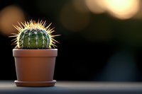 Small round cactus with sharp yellow spines in terracotta pot against dark blurred background with soft bokeh lights, minimalist desert plant composition.
