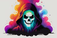 Hooded skeleton figure with glowing turquoise skull against vibrant rainbow smoke background, dark fantasy art style for gaming and horror designs.
