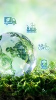 Green earth globe on moss with eco-friendly transport icons showing sustainable mobility solutions for environmental protection and clean energy future.