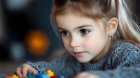 Young girl with blue eyes and blonde hair wearing gray knit sweater gazes thoughtfully while playing, soft bokeh background creates dreamy atmosphere. Childhood portrait captures innocence.