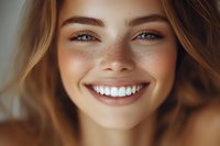Young woman with reddish-brown hair, fair complexion, and freckles smiling brightly at camera. Caucasian female displaying confident, friendly expression with perfect white teeth for dental, beauty, and lifestyle marketing.