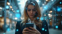 Young blonde woman in business attire looking at smartphone screen with glowing blue bokeh lights and magical particles creating dreamy atmospheric effect at night.