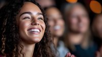 Young African American woman with curly hair and bright genuine smile laughing joyfully among friends in social gathering. Natural lighting creates warm atmosphere.