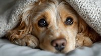 Adorable cocker spaniel dog with expressive brown eyes peeking out from under cozy knitted blanket on white bedding for pet care and comfort concepts.