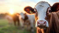 Close up portrait of brown and white cow face with soft sunset light in background, other cows grazing in blurred distance on pastoral farm field.
