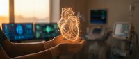 Glowing holographic heart held in doctor's hand in modern medical laboratory with monitoring equipment and screens in background at sunset.