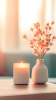 Minimalist white ceramic vase with dried coral flowers next to glowing candle creating peaceful atmosphere with soft warm lighting and gentle shadows.