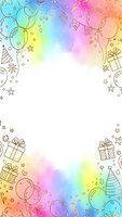 Colorful rainbow gradient party celebration frame with hand drawn balloons, gifts, stars and festive doodle elements on white background for invitations.