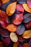 Colorful autumn leaves in vibrant shades of orange, red, purple, and yellow arranged in an overlapping pattern, creating a seasonal nature background.