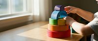 Child hands building colorful wooden block tower on table near window. Educational toy development activity for kids learning motor skills and creativity.