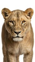Female lion with golden-tan coat and striking amber eyes gazes directly at camera against white background. Isolated wildlife portrait suitable for educational materials, posters, and design projects.