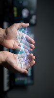 Hands holding glowing digital network connections with geometric patterns and light effects representing technology innovation and data transfer concepts.