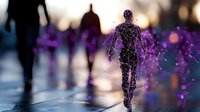 Digital wireframe human figure running with purple network connections and glowing particles in urban environment for technology concepts.