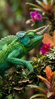 Green chameleon with horns sitting on mossy branch surrounded by tropical plants and purple orchid flowers in natural rainforest habitat setting.