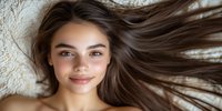 Young Caucasian woman with flowing brown hair lying on white textured background, natural makeup, genuine smile and glowing skin expressing happiness and wellbeing.