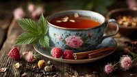 Herbal tea in vintage floral teacup with fresh raspberries and mint on rustic wooden table for cozy afternoon break and wellness lifestyle.