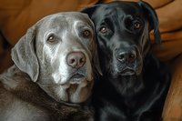 Close-up portrait of two Labrador Retrievers, silver and black, showing expressive eyes and gentle faces against warm brown background, capturing bond between dogs.