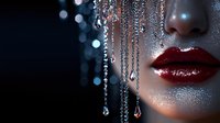 Glamorous woman with sparkling makeup and crystal jewelry chains creating luxury fashion portrait with glittery skin and red glossy lips for beauty campaigns.