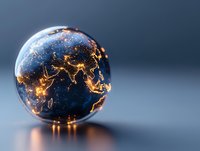 Glowing globe showing Asia and Europe city lights at night, illuminated world map sphere against dark background with reflective surface.