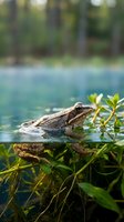 Brown frog partially submerged in shallow water among aquatic plants, with blurred forest background. Suitable for wildlife, nature, and environmental educational content.