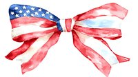 Patriotic bow in red, white and blue stripes and stars pattern, watercolor style on white background, isolated decorative element for holiday designs.