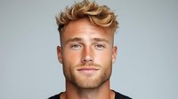 Young Caucasian male with styled blonde hair, short beard and confident smile looking directly at camera against light gray background. Professional headshot portrait.