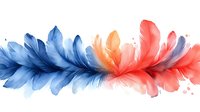 Delicate watercolor feathers in blue, peach and coral forming horizontal arrangement with subtle splatter effects on white background, isolated design element.