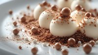 Creamy white chocolate truffles decorated with cocoa powder and chocolate balls on light background, macro food photography with selective focus.