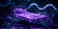 Magical floating bed with glowing purple stardust trail in dark space, sparkling particles and cosmic energy swirling around dreamy bedroom scene at night.