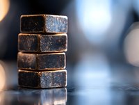 Stack of dark chocolate squares with rustic texture against blurred bokeh background, dramatic lighting creates moody atmosphere for food photography.