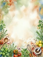 Culinary flat lay with fresh herbs, vegetables, and cooking utensils arranged on watercolor background with central copy space for recipe or menu text.