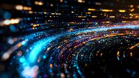 Abstract digital light trails creating dynamic curved patterns in blue, orange, and gold against dark background. Futuristic technology concept.